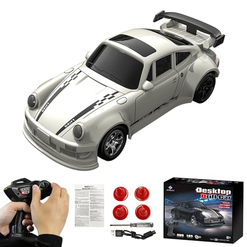 HSOH Desktop Drift Car, 1/64 Scale Mini RC Drift Car with LED Lights, Remote Control Vehicle with Electronic Locator, 4WD Mini RC Drift Cars for Race, Children's Gifts and Toys (KF20 White)