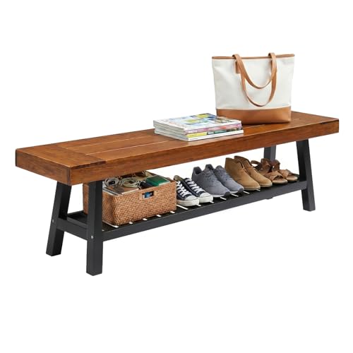 VINGLI 63in Storage Bench, Solid Wood Seat with Iron Storage Shelf, Weather Resistant High Capacity Indoor Outdoor Dining Benches, Sturdy Shoe Rack Bench for Entryway Mudroom Porch