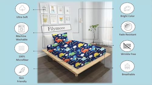 Filymore Kids Blue Dinosaur Single bedsheet with one Pillow Cover Made with Microfiber (Size 90x60) (Pillow Size 18x28) (Colour-Blue)