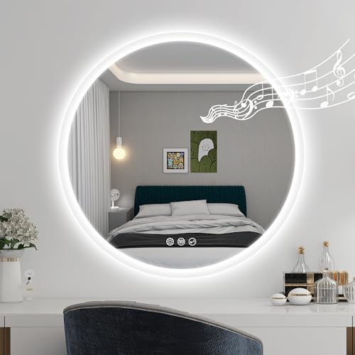 STARLEAD 24" Round LED Bathroom Mirror with Bluetooth Speaker, Dimmable Lighting, 3 Color Modes, Anti-Fog, Touch Control Wall Mounted Vanity Mirror
