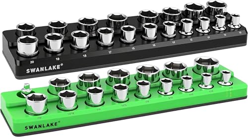 Magnetic Socket Organiser Set, 2-Piece 1/2" SAE & Metric Socket Holder, Drive Socket Trays, Storage Tool Box, Holding 35 Slots, Soft Rubber Covering Black Green Tools (Sockets not Included)