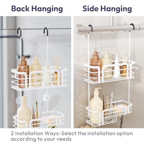 SWTYMIKI Duschablage zum Hängen Duschregal Hängend - Duschregal zum Hängen mit Seifenhalter, 11 Haken, 2 Installationsmöglichkeiten für Duschkorb, Edelstahl Dusche Zubehör für Shampoo, Conditioner