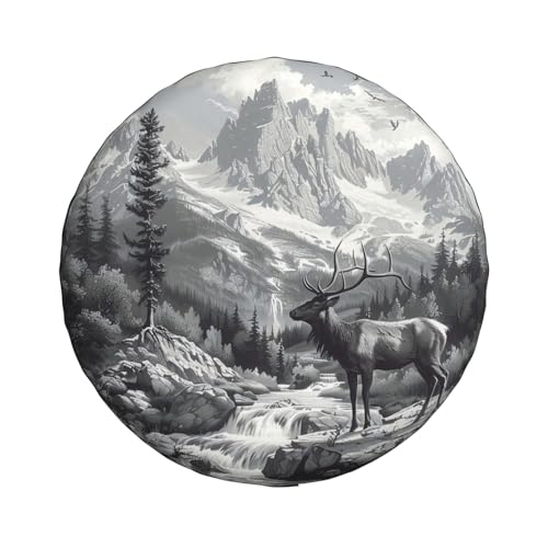 Image of Mountains Lake and Deer Spare Tire Cover Wheel Protectors Weatherproof Deer Pattern Wheel Covers Universal Fit for Trailer RV SUV Truck Camper Travel Trailers Accessories 17 Inch
