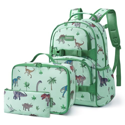 mommore Kids Backpack for Boys 4-8 with Lunch Box Elementary Kindergarten Preschool School Backpack 15 Fit Folders Bottles Green Dinosaur