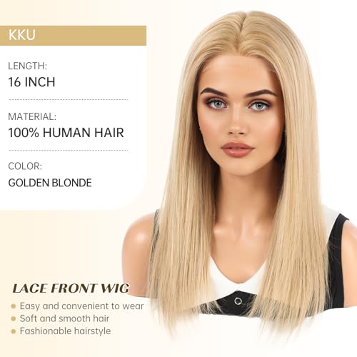 Image of KKU 5x5 Lace Front Human Hair Wig,Real Hair Wigs for Women,Glueless,Non-Slip Silicone Pads and Skin-Friendly Cap(16 Inch, Golden Blonde)
