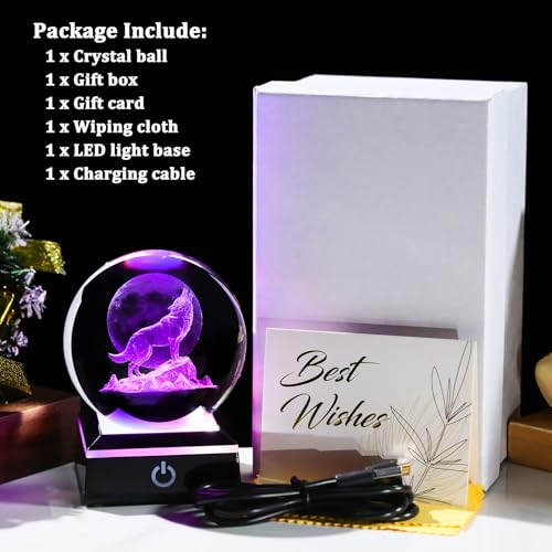 Image of Arikyrist 3D Moon Wolf Crystal Ball Figurine with Colorful LED Base, Laser Wolf Gifts for Women Men Wolves Lovers, Wolf Statue Glass Animal Decorative Ball for Christmas Birthday Home Decor (80mm)