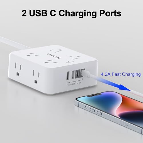 Image of 10Ft Surge Protector Power Strip - CHCORE Flat Plug Extension Cord with 8 Outlets and 4 USB Ports(2 USB C), 3 Side Wall Mount Outlet Extender for Home Dorm Room Essentials, ETL Listed, White
