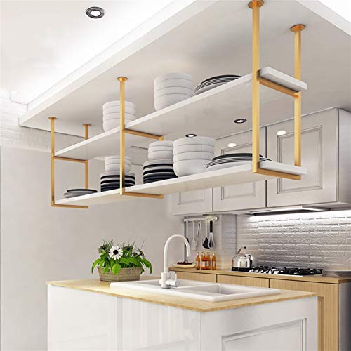 Ceiling-Mounted Pot Rack with Wooden and Metal Tray Holder - Kitchen Pan Hanging Shelf Organizer in White (Size: 120×30×78cm)
