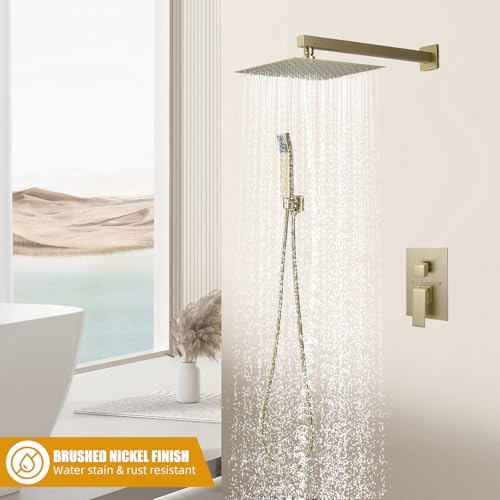 Grifo de ducha moderno con sistema de ducha lluvia de 10 pulgadas y combinación de ducha de mano, accesorios de ducha de 2 funciones con kit de revestimiento, dorado cepillado miniatura 2