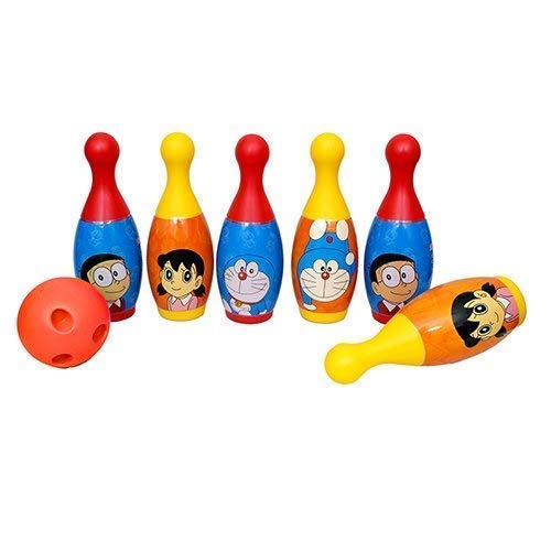 Black Sparrow Bowling Pin Junior Play Set | Plastic 6 Pins 1 Balls | Colorful Toy Games Play Indoor & Outdoor | Educational Toy Birthday Gifts for Baby Kids Toddlers - 3 Years Above (Doraemon)