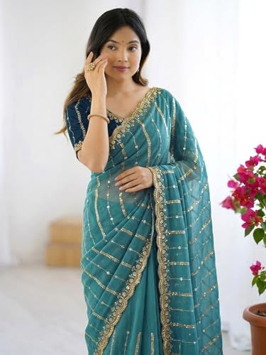 Image of SIRIL Women's Shimmer Georgette Scalloped Border Sequins Embroidery Saree with Unstitched Blouse Piece