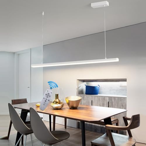 Lámparas de mesa de comedor LED Lámpara colgante Regulable con Control remoto Salón Candelabros modernos lineales altura ajustable Luz para Cocina Oficina Dormitorio Luz de techo (A-Blanco, L150)