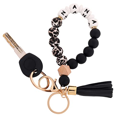 Image of BAOSIWA Silicone Key Ring Bracelet Wristlet Keychain Unique Beaded Bangle Key Chains for Women with Leather Tassel