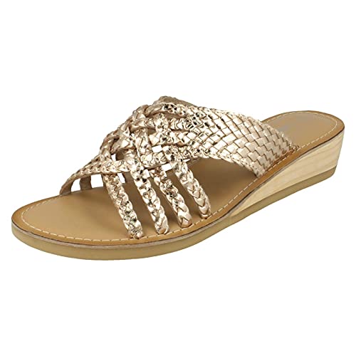 Leather Collection Mules basses compensées tressées avec sangle en X pour femme, doré, 37 EU Cover