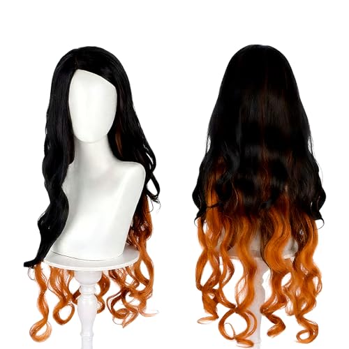 YONGCANWIG Cute Halloween Anime Long Black Orange Cosplay Wig 2 Hair Caps + Wig Cosplay Long Character Costume False Hair for Parties for Women