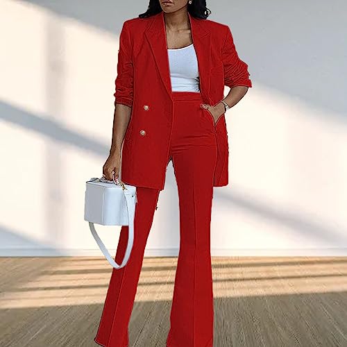 Blazer feminino de 2 peças com gola de lapela e calça de trabalho de pernas largas casual, cor lisa,