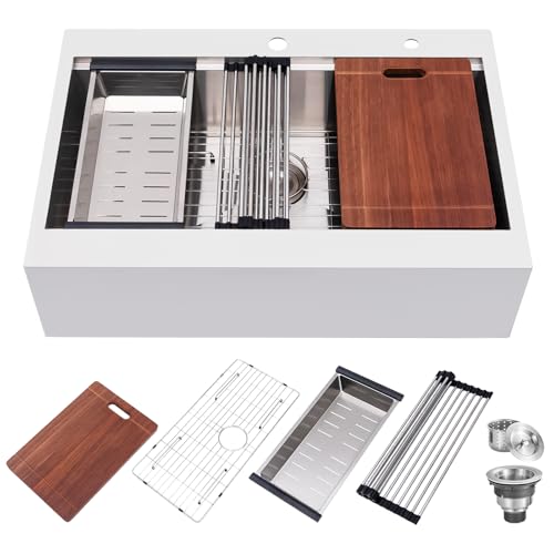 Ufaucet 33 Farmhouse Sink, Drop In Stainless Steel Apron Front Farm Sink 33x22x9 Single Bowl 16 Gauge with Accessories