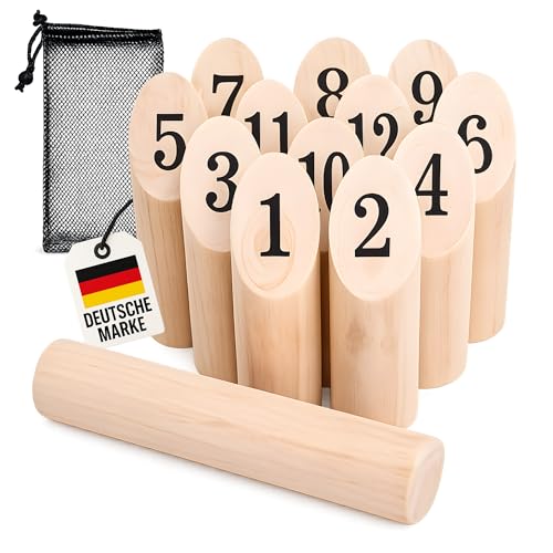 WELLGRO finnisches Wurfspiel 14-TLG. - für 2-8 Spieler massiv Holz Wikingerspiel inkl. Spielanleitung und Netzbeutel - Wikingerkegeln Nummernkubb