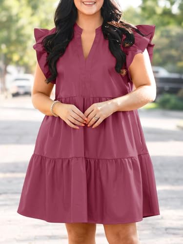 Image of Fisoew Plus Size Dresses for Women Summer Ruffle Short Sleeve V Neck Dress Tiered Swing A Line Babydoll Mini Dress