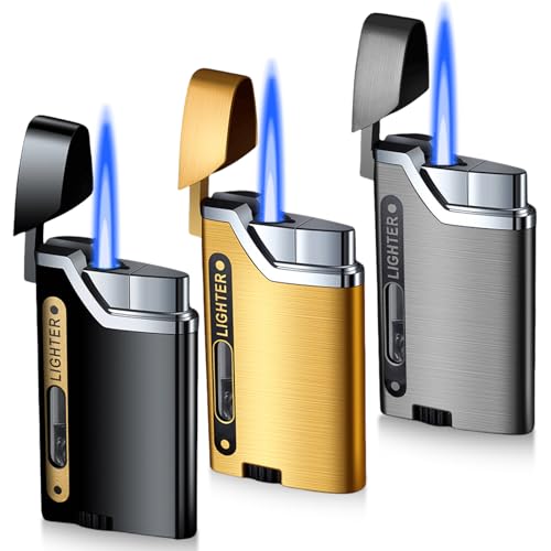 3 mecheros de tormenta, llama jet, de gas, rellenables, con ventana visible, resistente al viento, para cocina, camping, gris, negro y dorado (sin gas)