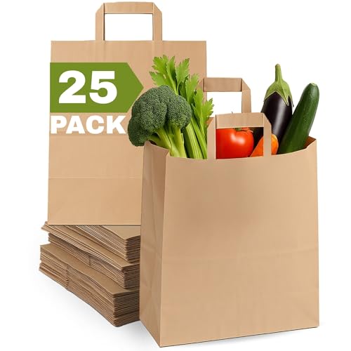 Qutuus 12x7x14 inches 25Pcs Large Paper Bags with Handles Bulk Large Paper Grocery Shopping Bags with Handles Brown Sacks for Groceries Recycling Delivery Take Out To Go Retail