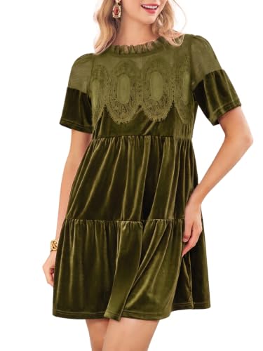 Wenrine Womens Velvet Dress Fall Lace Short Sleeve Babydoll Mini Dresses