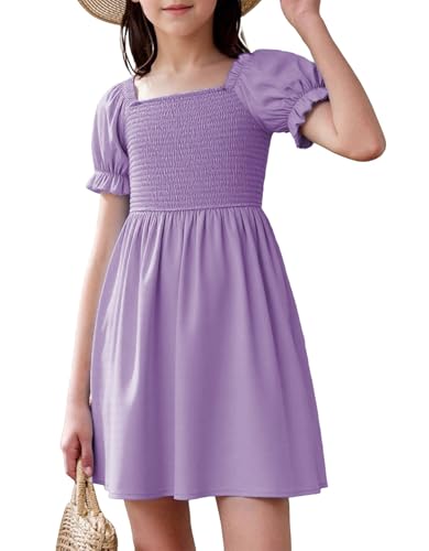 JiAmy Girls Dresses Summer Short Sleeve Ruffled Puff Sleeves Square Neck Smocked Casual Dress Purple 9-10 Years