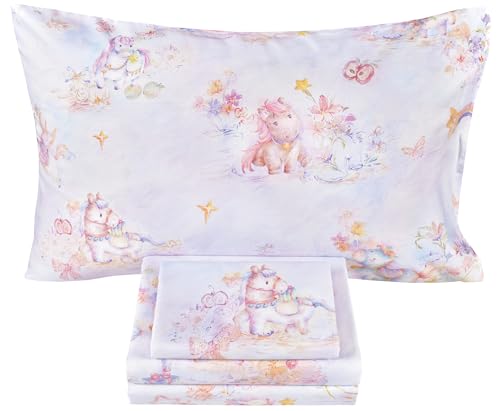 Image of Scientific Sleep Pastel Unicorn Pony Horse Flower Fairy Tale Cute Adorable 100% Cotton Bed Sheet Set Kids Boys Girls Teen, Flat Sheet & Fitted Sheet & Pillowcase Bedding Set (Pretty Pony, Full)