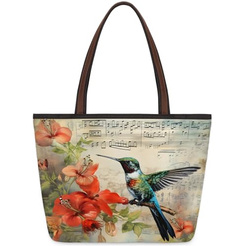 Flower Bird Vintage Sheet Music Tote Bag Multi Pocket Zippered Beach Bag Lightweight Waterproof Handbag for Women Men Work Gym Travel Swimming Yoga Grocery Shopping M