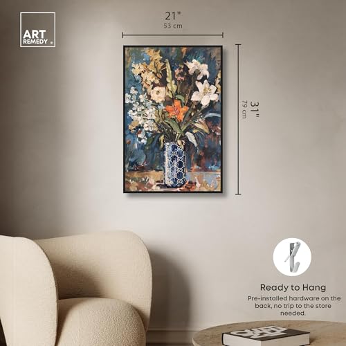 Image of Art Remedy Blue Floral Vase Canvas Floral Vase Wall Art, Black Frame, 20 inch x 30 inch