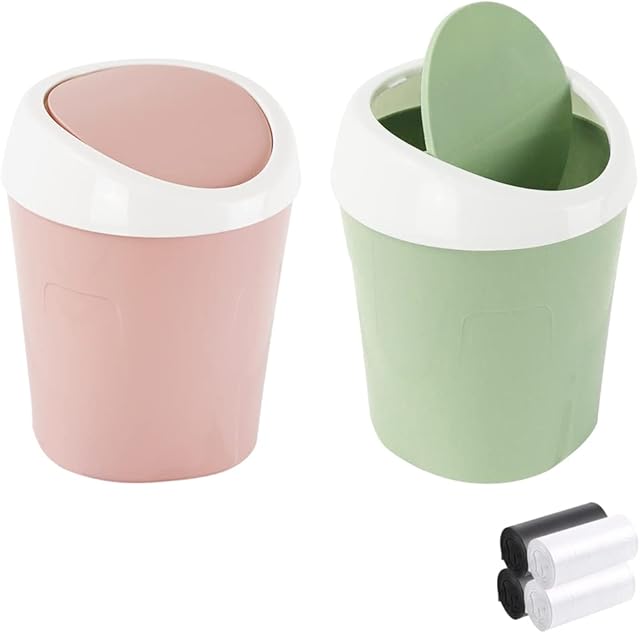 QLFJ-FurDec 2PCS Plastic Mini Wastebasket Bathroom Bins with Swing Lid and 4 Rolls Bin Liners, Desk Compact Design Cosmetic Bin for Home, Office, Vanity Tabletop, Bedroom