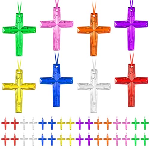 Mototo 72/240 PCS Christian Crystal Cross Necklace Plastic Cross Necklace Church Welcome DIY Crafts Christian Gift Bulk Religious Party Favors for Bible Sunday School Easter, 8 Colors