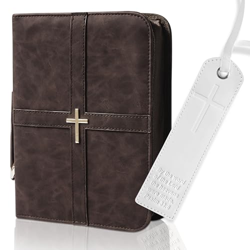Bible Cover, Discreet & Elegant Bible Case, Brown PU Leather Bible Cover, Cross Design Bible Bags, Strong and Sturdy Book Case, Includes Premium Bookmark (Brown)