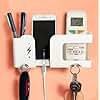 GEOCARTER Wall Mobile Holder | Multi-Purpose Mobile Stand | Remote Holder & Mobile Charging Stand, Phone Stand for Charging with Pen and Key Holder Useful Gadget-White