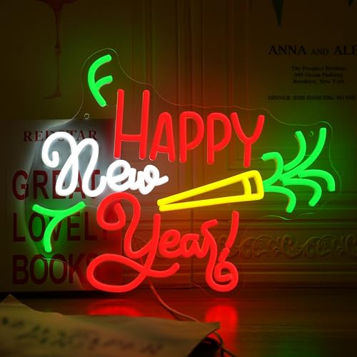 Image of GNVETZLL Happy New Year Neon Sign for Wall Decor Dimmable Colorful New Year LED Light Sign for Bar Party Celebrate New Year Christmas Decoration(15.75 * 12.6In)