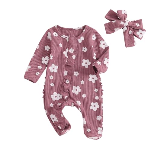 Image of Ayalinggo Newborn Baby Girl Fall Winter Outfits Clothes Knit Jumpsuit Ruffle Romper Newborn Coming Home Outfit for Baby Girl