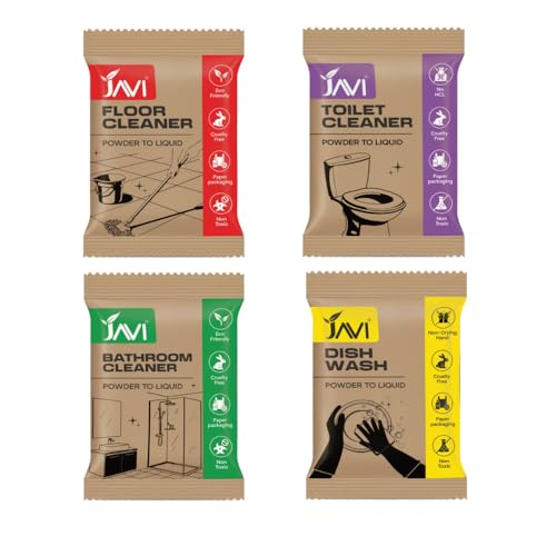 Image of JAVI Plant-Based Powder-to-Liquid Cleaners | Natural, Organic, Biodegradable, Eco-Friendly | 4 in1 Combo (Floor, Bathroom, Toilet, Dish) (1 Sachet = 500ml), Multipurpose Cleaner
