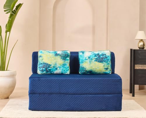 Image of uberlyfe Xtra High, Xtra Soft 2 Seater (4' x 6') Sofa Cum Bed | 1 Year Warranty |17 inch Sofa Height | Twin Size Foldable Bed | Plush Laser Quilted Fabric | 2 Cushions Ocean Hues Pattern | Deep Blue Color