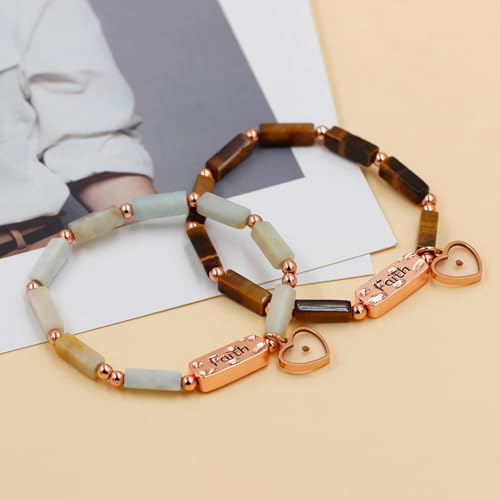 Image of Elastic Faith Bracelet for Women, Adjustable 7 inch Natural Stone Bracelet with Heart Mustard Seed Charm, Spiritual Christian Jewelry for Baptism, Graduation, Religious Celebration YA4856