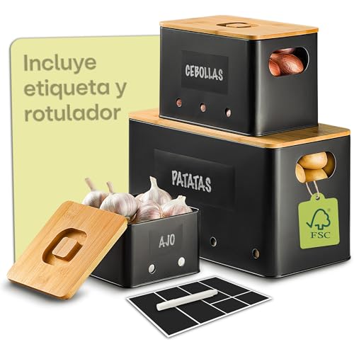 Praknu Cesta para Patatas y Cebollas y Ajo - Set de 3 Contenedores 𝗔𝗽𝗶𝗹𝗮𝗯𝗹𝗲𝘀 - Agujeros de Ventilación para Mayor Frescura - Tapa de Bambú FSC® - Con Etiquetas y Bolígrafo