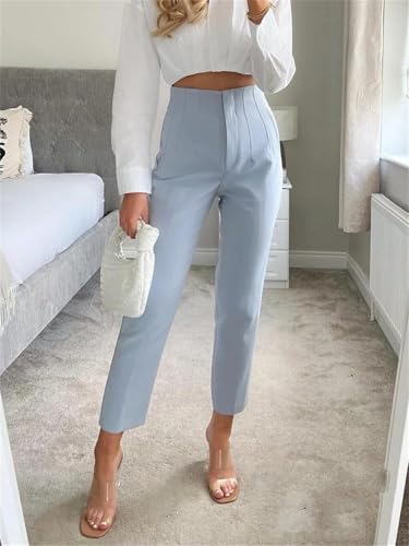 Women's High Waist Straight Leg Pants - Light Blue Office Trousers with Zipper Fly Vintage Style Comfort Fit2