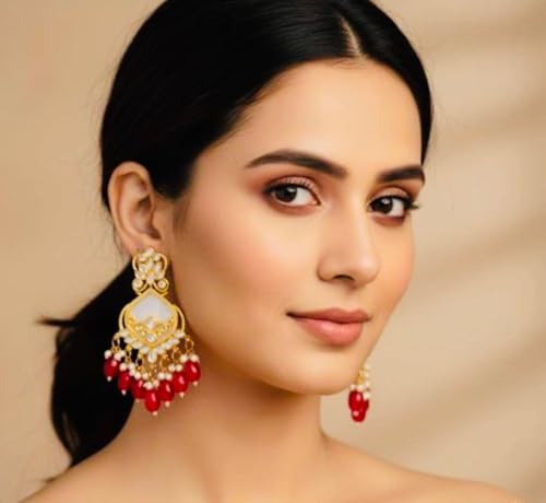 Image of Traditional 20K Gold Plated Kundan Chandbali Earrings with Black Beads and Faux Pearls for Women - Ethnic Wedding & Partyy Wear Statement Jewelry