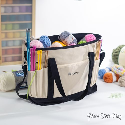 Image of MYBAGZING Canvas Yarn Storage Organizer Bag Washable Crochet Bag with Pockets for Yarn, Hooks, Needles - Travel Knitting Tote for Crafters - Gift for Crocheters & Knitters (Medium /Large)