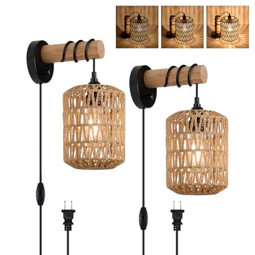 ALAISLYC Rattan Plug in Wall Sconce Bedroom Sconces Set of 2 Boho Dimmable Wall Lamp with Plug in Cord Hanging Wall Lights for Living Room