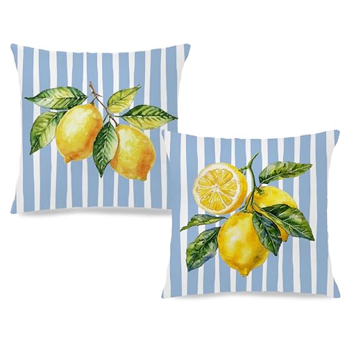 Image of Blue and Yellow Lemon Pillow Cover Summer Italian Mediterranean Amalfi Coast Decor 18x18,Italian Striped Decorative Throw Pillow Cover Decor for Couch Double-Sided Set of 2