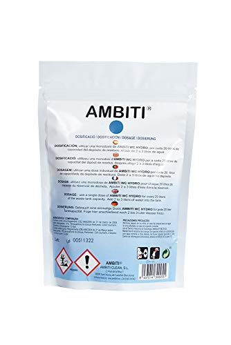 Ambiti WC Hydro. Monodosis para el depósito de deshechos, Aguas Negras - Camping-Cars - WC Químicos - Eliminación de Deshechos Orgánicos y del Papel Higiénico - 15 dosis - 20 gr Unidad