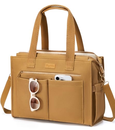 Image of Canvas Tote Bag for Women, 15-Pockets Work Laptop Tote Purse Large Crossbody Nurse Teacher Bible Bag for School Travel Daily | with Strap & Zipper