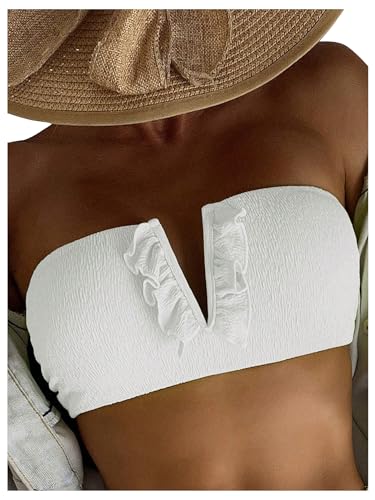 WDIRARA Women's Ruffle Notched Neck Lace Up Smocked Swim Tops Bandeau Bikini Top Strapless Solid Padded Bathing Suit Top