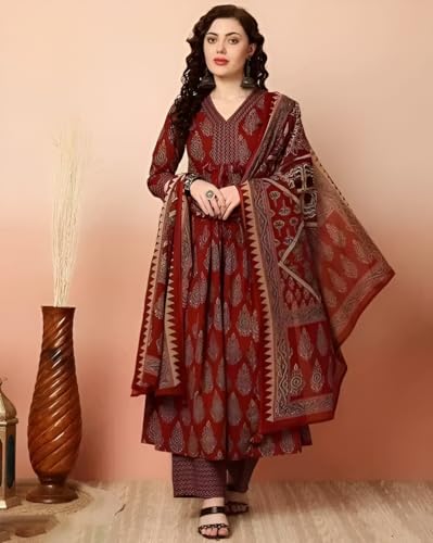 Image of Women's Slub Rayon Paisley Print Anarkali Kurta Pant with Dupatta