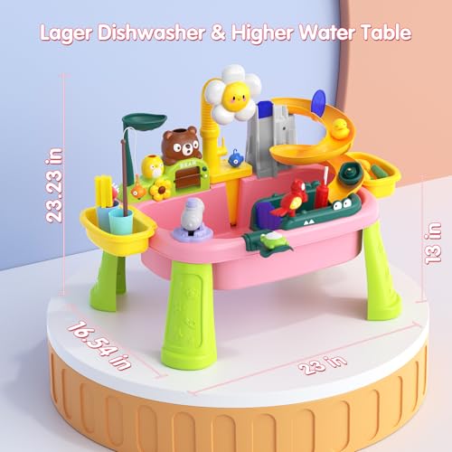 Water Table for Toddlers 1-3, Outdoor Toys for Kids Ages 4-8 with Pump, Kitchen Play Sink with Running Water, Fishing Toys Playset, Summer Outside Sand Water Sensory Activity Pool Toys Gifts, Pink - image 2